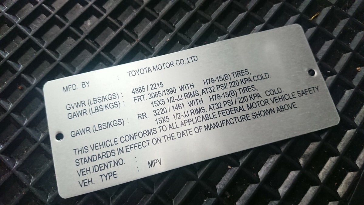 Toyota Land Cruiser Safety Data ID Plate tag FJ40 FJ43 FJ45 FJ55