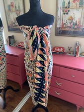 Sarong Skirt Swim Cover Up in Orange, Citron Black Soft Rayon Tribal Print OS