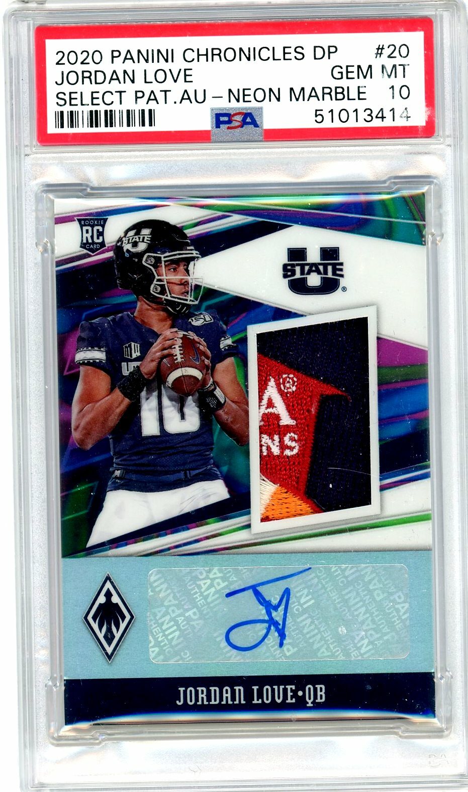 Jordan Love Panini Chronicles Draft Picks Select Patch Autographs #20 Neon Marble