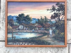 Early 20th Century Chinese Oil on Board Painting Rural Village Farming Wei Jiang