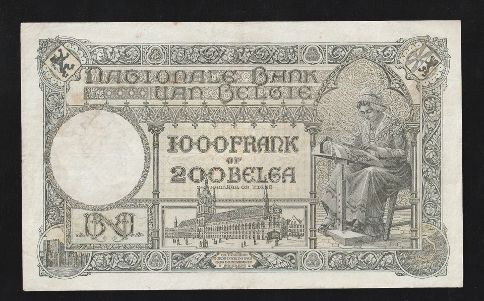 Belgium, 1000 Francs - 200 Belgas, 1938, P-110 , XF, King Albert Queen Elisabeth - Image 2 of 2