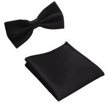 New Black Pre Tied Bow Tie Pocket Hankie Handkerchief Pocket Hanky