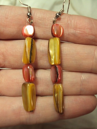 dainty yellow + coral pink abalone sea shell chip + silver tone dangle earrings - Picture 2 of 2