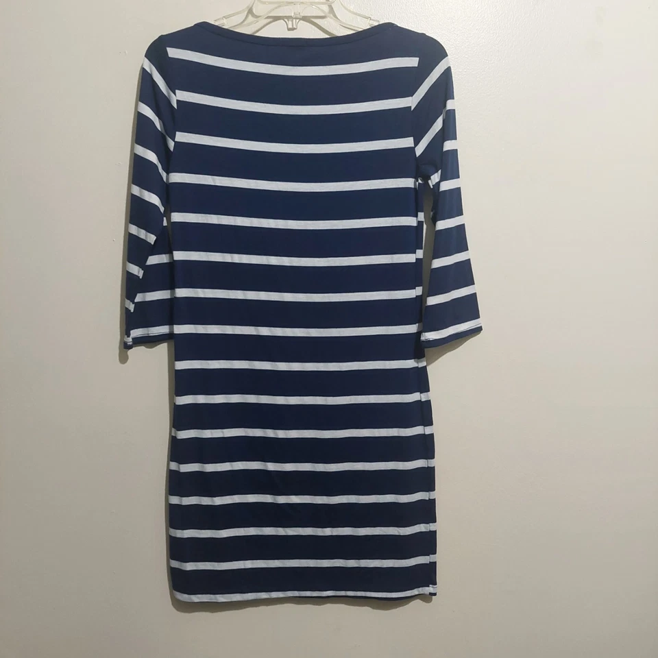 Vestido soprano para mujer medio elástico mangas 3/4 hasta la rodilla azul marino blanco a rayas Foto 3 de 4