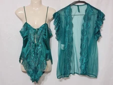 VINTAGE ALANA GALE NYLON & LACE TEDDY BODY SUIT LINGERIE SHEER ROBE LARGE GREEN