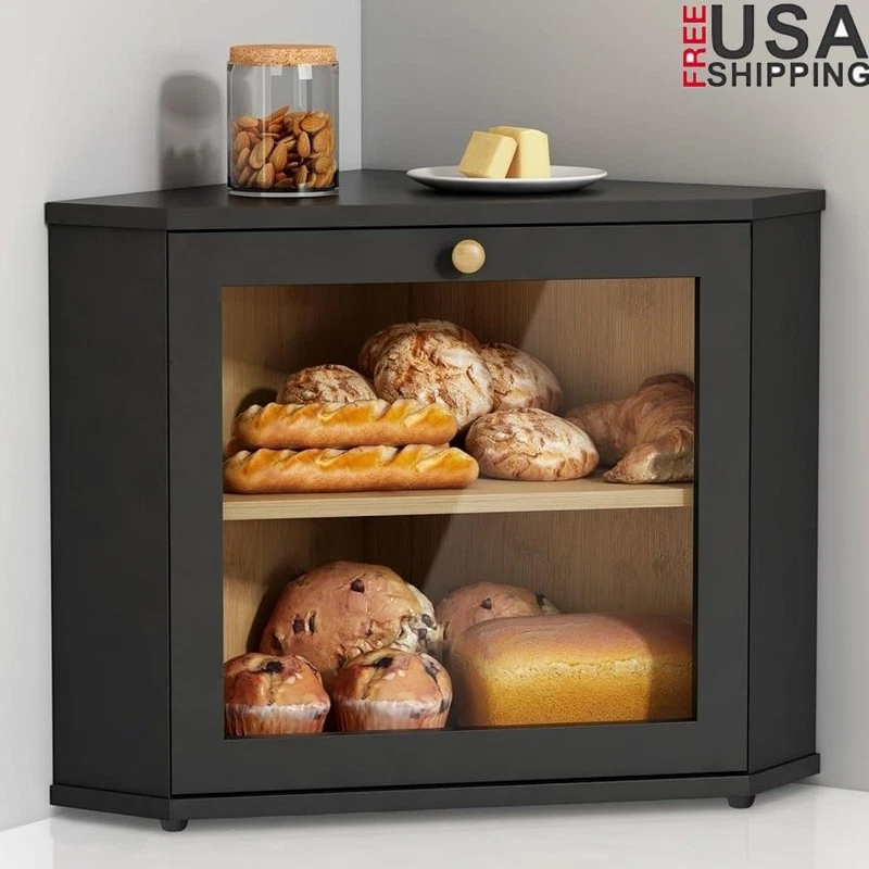 Corner Bamboo Bread Box Kitchen Storage Container W/ Footstands & DIY Stickers
