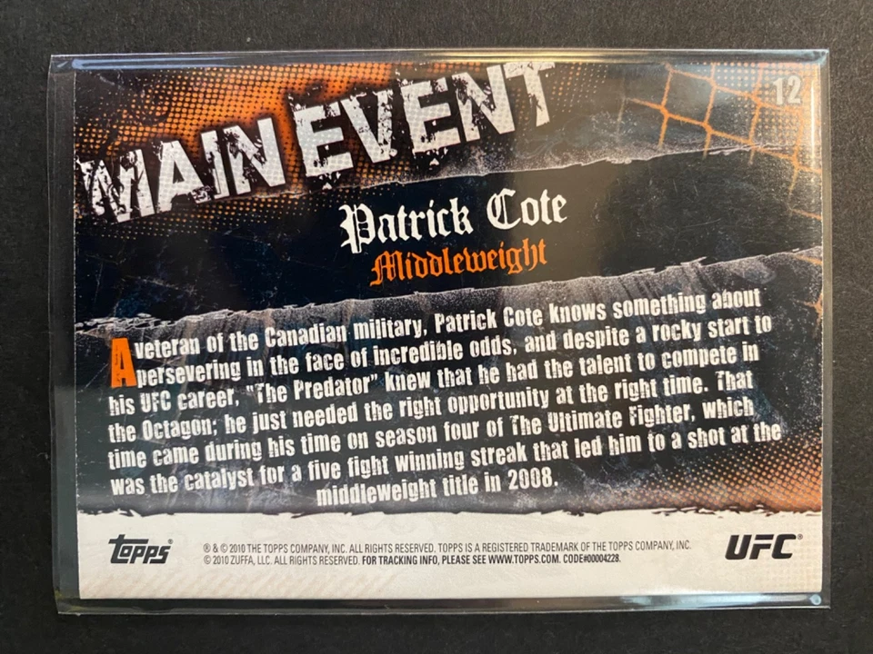 Patrick Cote (Rimouski, QC) - 2010 Topps UFC "Main Event" Card #12 - Image 2 of 2