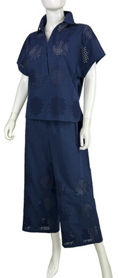 $1.4K Akris New Blue Cotton Poplin 2 Pc Set Top Crop Pants 8 US 44 IT 38 D M