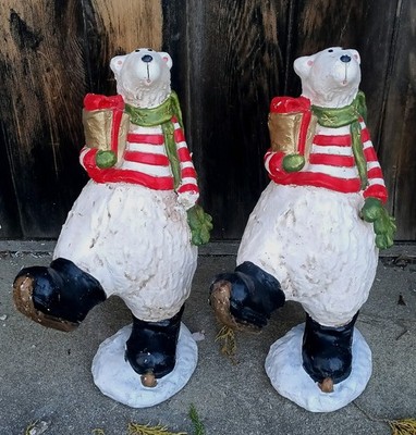 2-VTG VERY RARE 16-IN TALL CHRISTMAS SHOPPING ICE SKATING POLAR BEARS CHALKWARE 