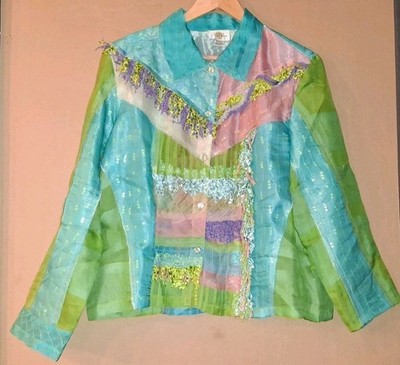 Sandy Starkman Silk Patchwork Jacket Womens XL Colorful Art To Wear Boho Chic