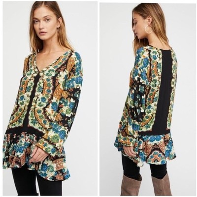Free People Lovely Dreams Floral Black Noir Bohemian Tunic Size Small
