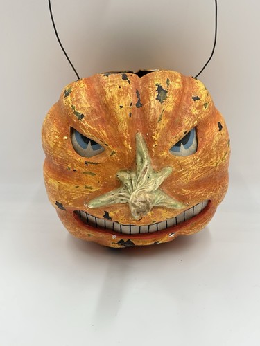 Vintage RARE Halloween Paper Mache Jack O Lantern Pumpkin Stem As The Nose TEETH