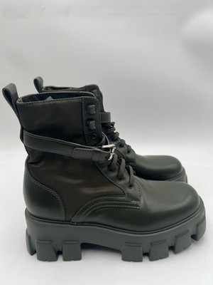 Prada Monolith Brushed Leather and Re-Nylon boots in olive green Size 38.5