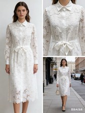 Women White Lace Shirt Dress Long Sleeve Botton Down Midi Dress Party Cocktail