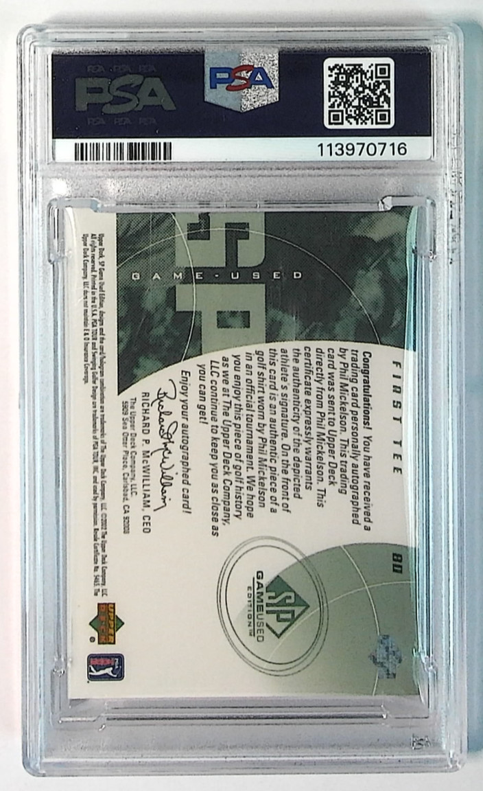 2002 SP Game Used Phil Mickelson First Tee GU Jersey RC Rookie AUTO /250 PSA 9 view 2