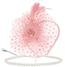 Fascinators Hats for Women with Pearl Necklace Set, Pink Tea Party Hat with H...