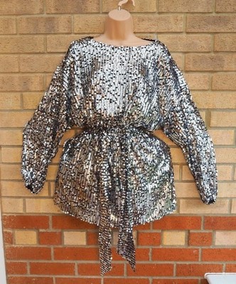 Zara Silber Schwarz Pailletten Perlen Langarm Gürtel Etuikleid Minikleid 6 8 10 XS S