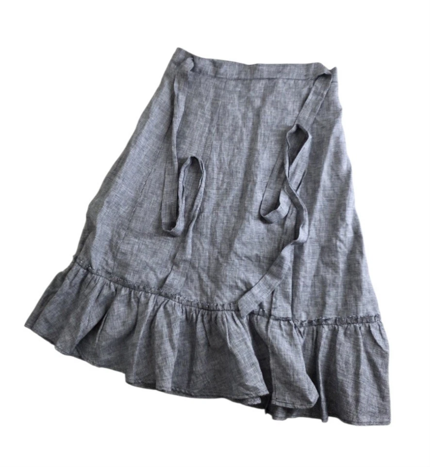 Reformation 100% Linen Wrap Midi Skirt Sz XS Houndstooth Black & White