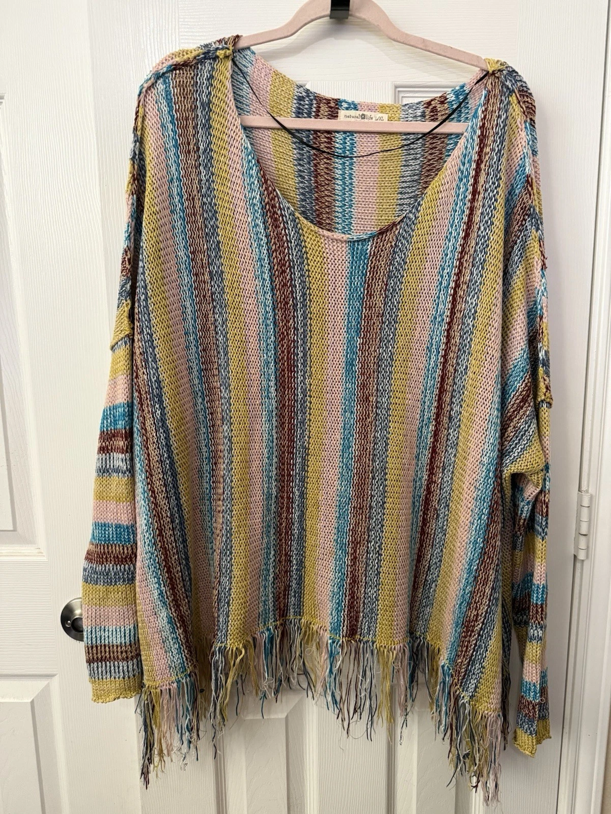 Natural Life Santa Fe Multicolor Striped Knit Fringe Poncho Sweater Hippie L XL