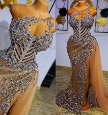 Golden Luxury Chiffon Mermaid Ball Dress with Beaded Crystal Party Evening Gown