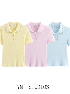 Retro American Diamond Embedded Short Sleeve Knitted T-shirt Women's Sweet Anti-
