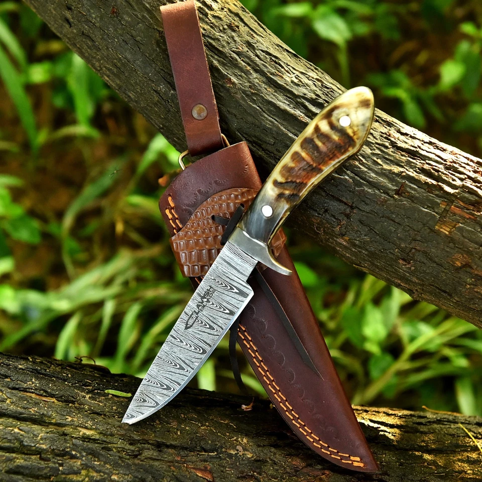 Cuchillo de caza Bowie Bushcraft Damasco hecho a mano mango de cuerno de oveja con funda Foto 2 de 4