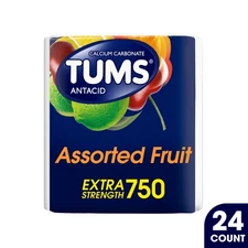 TUMS Assorted Fruit Extra Strength 750mg Chewable Antacid, 3 Rolls / 24 Tablets