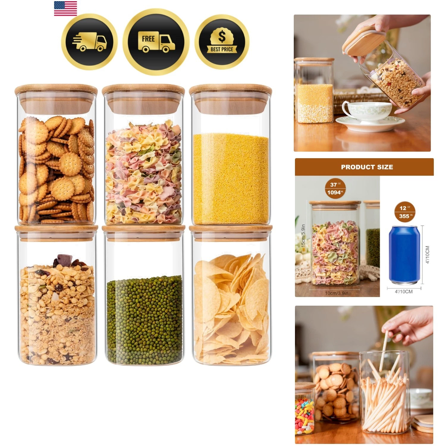 Glass Food Storage Jars 37 oz Set of 6,Glass Storage Containers Clear Glass F...