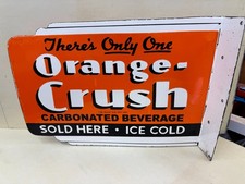 Letrero de porcelana vintage Orange Crush vendido aquí con brida helada doble cara