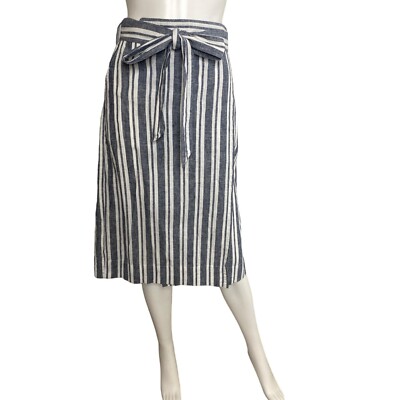 GAP WOMEN'S BLUE AND WHITE STRIPE LINEN BELTED MIDI WRAP SKIRT SZ S