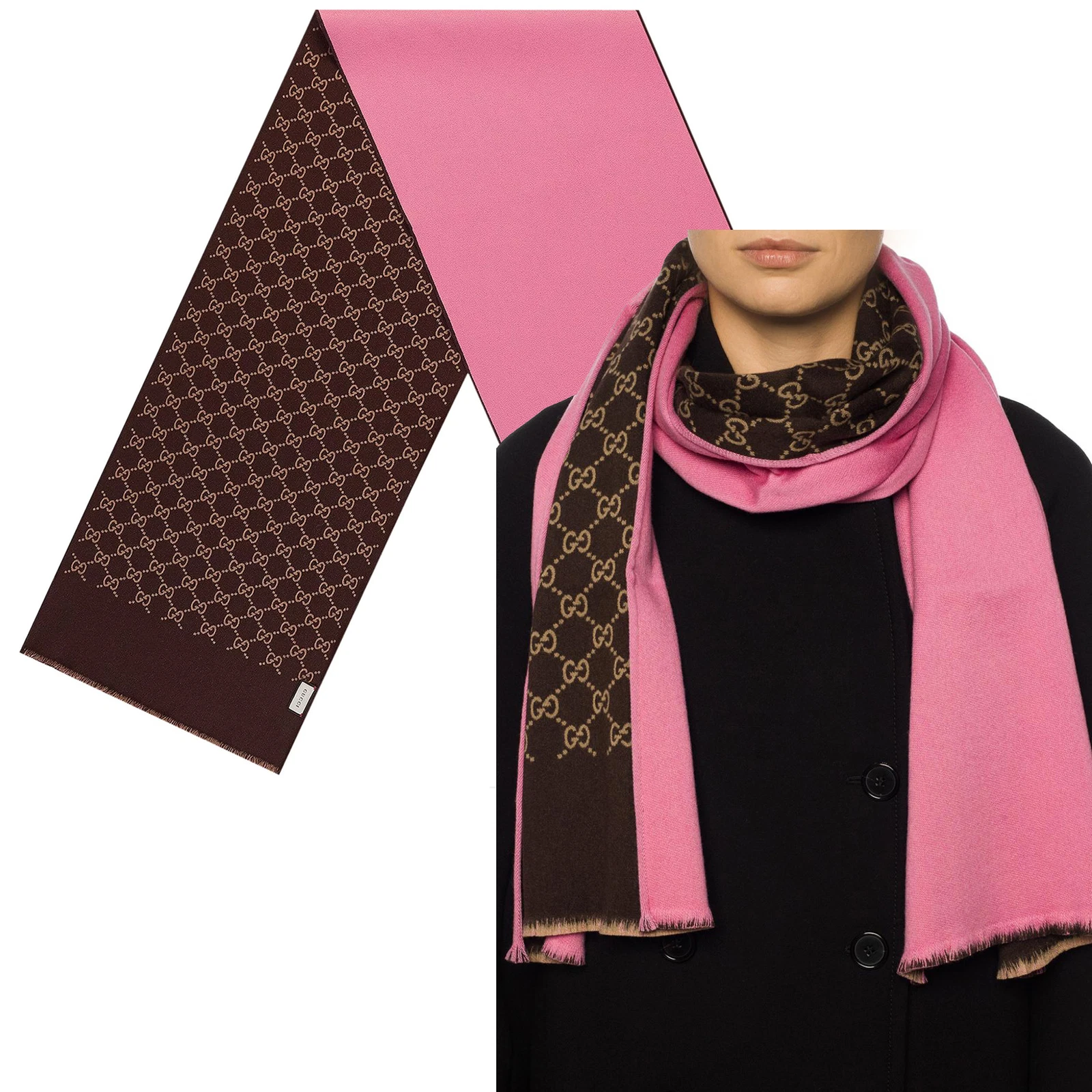 FOULARD GUCCI RÉVERSIBLE ROSE GG LOGO MONOGRAMME LAINE SOIE 71