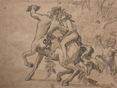 Un centaure enlève une nymphe des bois, dessin à la plume aquarellé, symbolisme - Photo 1 sur 12