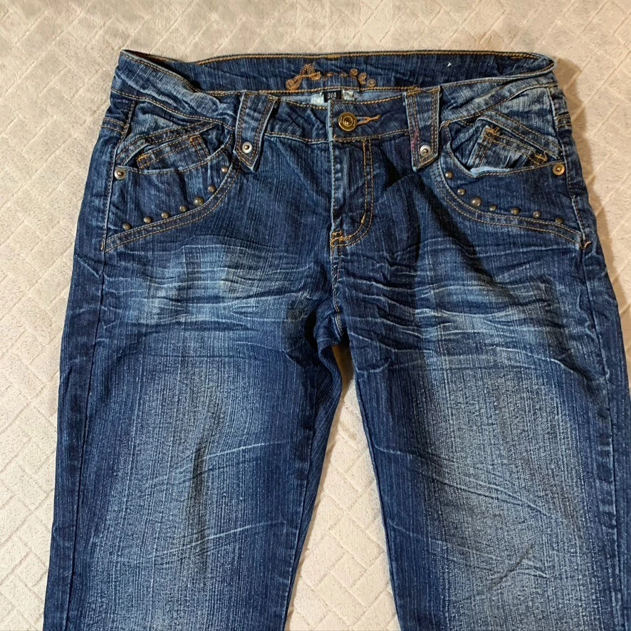 Pantalones de mezclilla Apollo para mujer 4 azul corte bota lavado oscuro occidental tachonado tiro bajo Y2K Foto 3 de 4