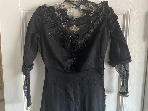 Antique Dress Black Crochet Lace Beads, Sequins Pleated Sleeves Hooks XS REPAIR - Picture 2 of 24