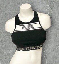 EUC VICTORIA'S SECRET "PINK" BLACK WHITE RACERBACK HIGH NECK SPORTS BRA SZ LARGE