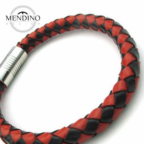MENDINO Men's Stainless Steel Leather Bracelet Magnetic Clasp Bangle Red Black - Photo 1 sur 5