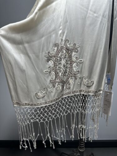 NEU Sue Wong Schal Seide Perlen Pailletten Schal groß ELFENBEIN Vanille Creme 20”x34” - Bild 5 von 17