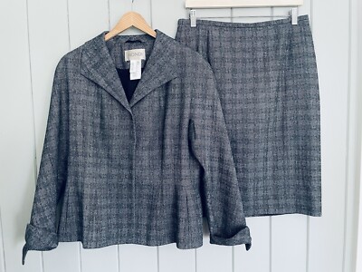 Vtg Mondi Escada Wool Blend Jacket & Skirt Suit 40 42 Large Gray Tweed