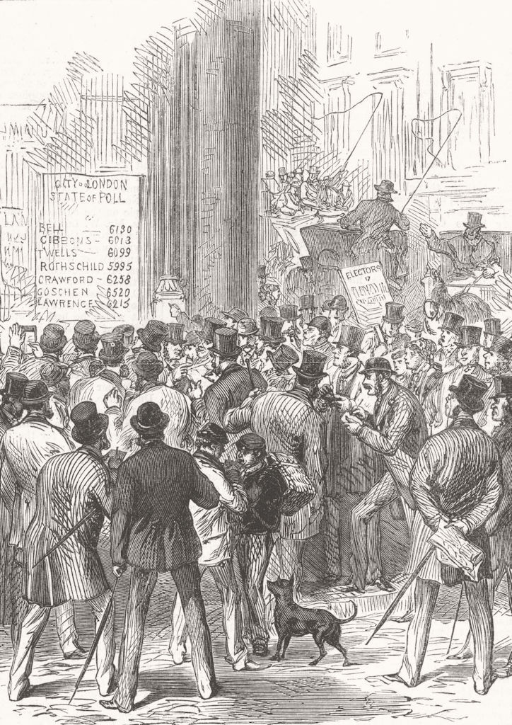 LONDON. Scene, General Election. Close of poll 1868 old antique print picture