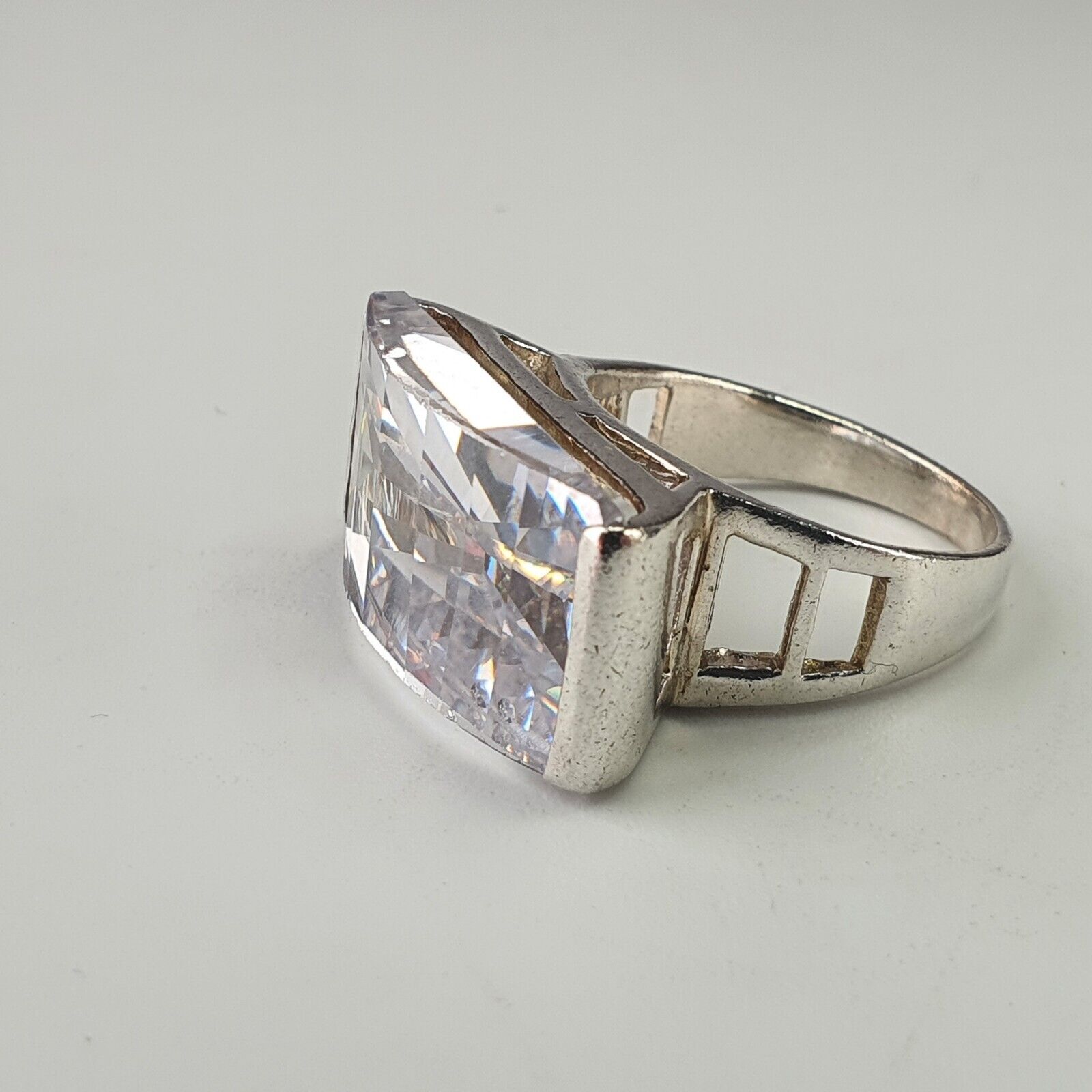 Solid Sterling Silver Large Rectangular Clear Gem… - image 9