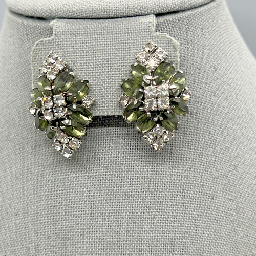 Vintage Rhinestone Cluster Earrings Smoky Gray Green & Clear Clip On Chunky Glam