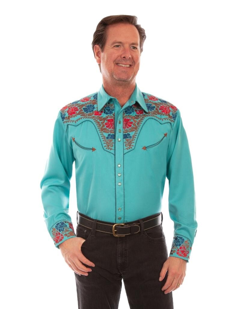 トップス Scully deadstock western shirt Scully Western Shirt Mens L/S Floral Embroidered Turquoise