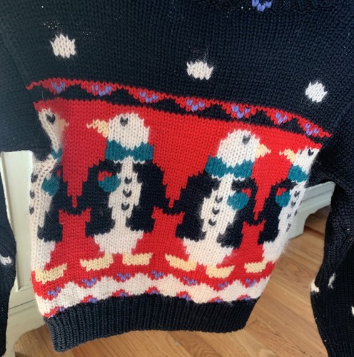 Carroll Reed Vintage 90’s Wool Knitted Sweater Christmas Penguins Black Size 8 - Picture 5 of 5