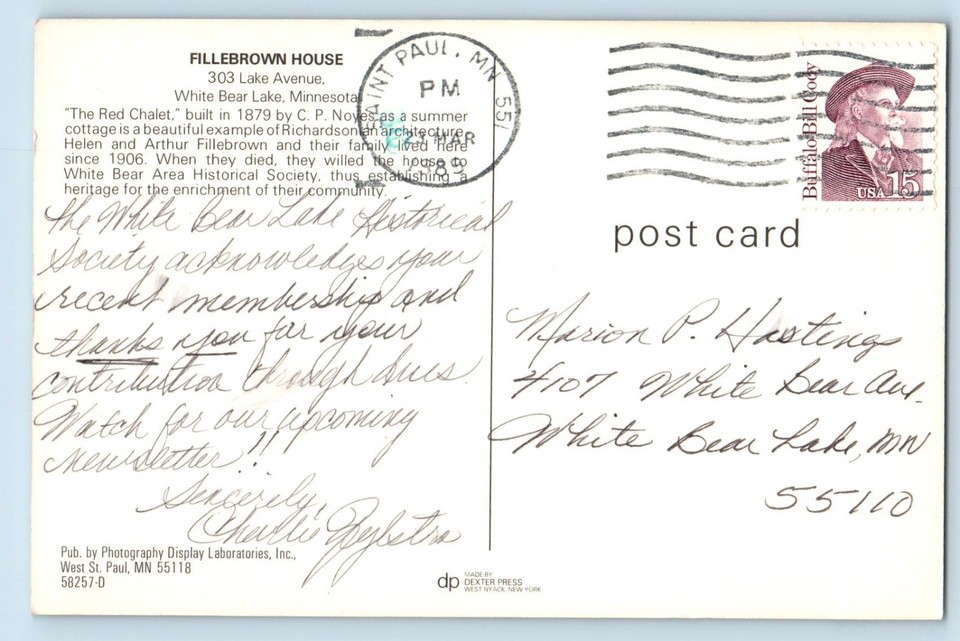 White Bear Lake Minnesota Postcard Fillebrown House Lake Avenue Red