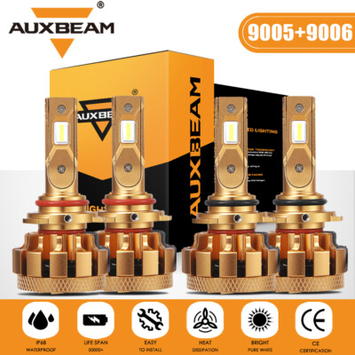 AUXBEAM CANBUS LED Headlight High Low Beam Bulbs 9005 9006 Combo 6000K White 4x