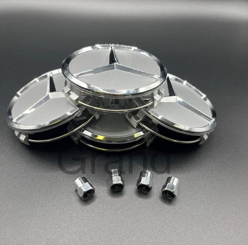 8 Piece Mercedes-Benz Wheel Center Caps & Tire Air Caps SILVER/ CHROME Set 75MM - Image 4 of 4