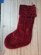 Merry Brite 21" Red Velvet Christmas Stocking Xmas w/ Pom-Pom Accents