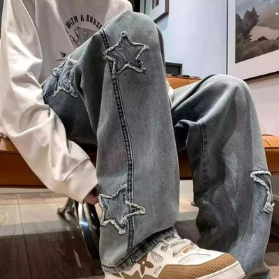HERREN JEANS 2026 Y2K PATCHWORK STERN NAPPA GERADE HIP HOP STREETWEAR KOREANISCH
