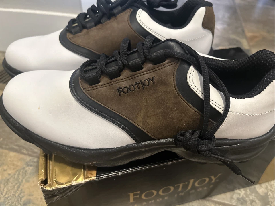 Nuevos zapatos de golf para hombre Foot Joy blancos/marrones 'GreenJoys' en caja talla 9,5 M Foto 3 de 4