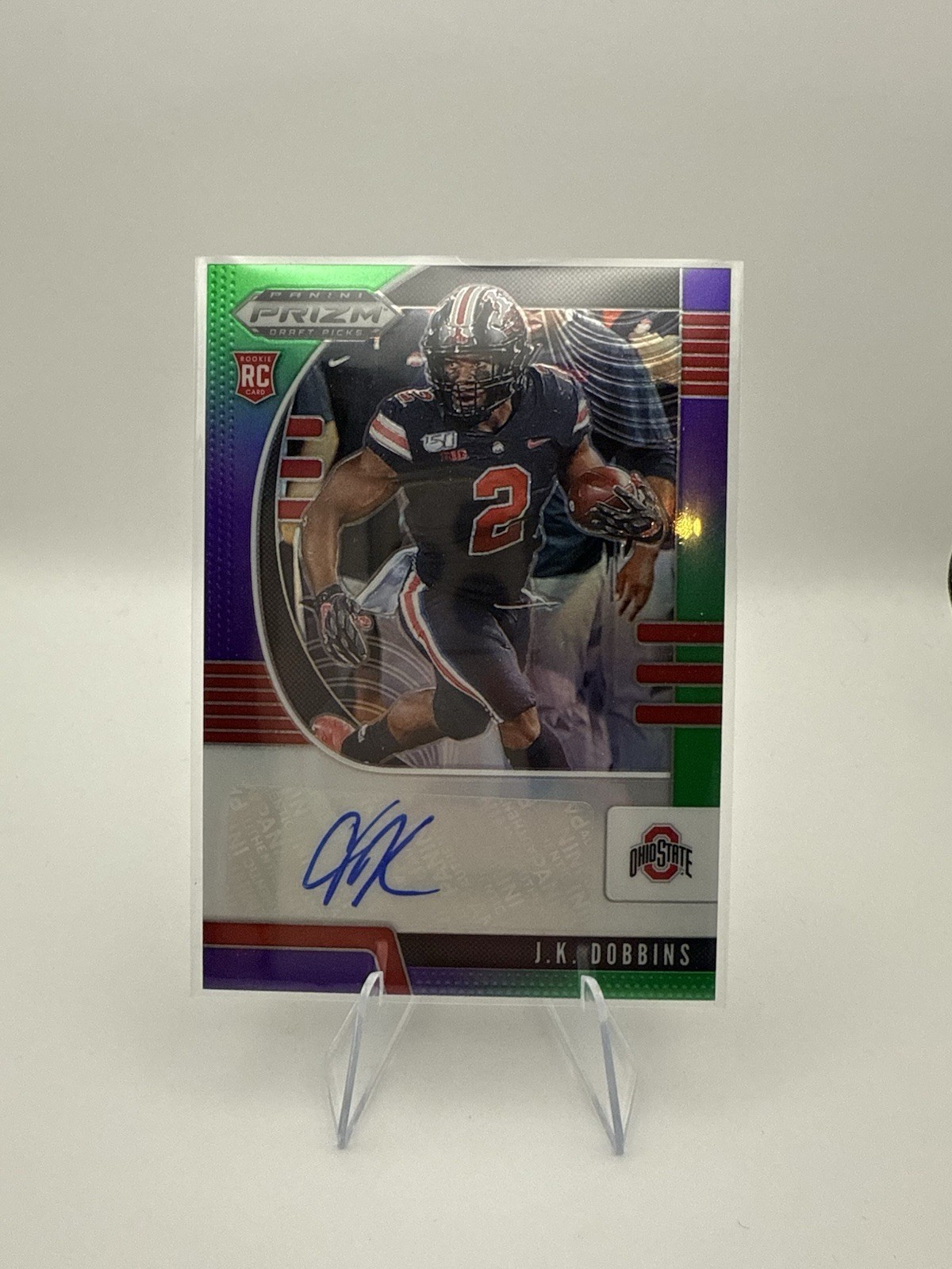 J.K. Dobbins (RC) Auto /199 Purple Green Prizm - 2020 Prizm Draft Picks #114